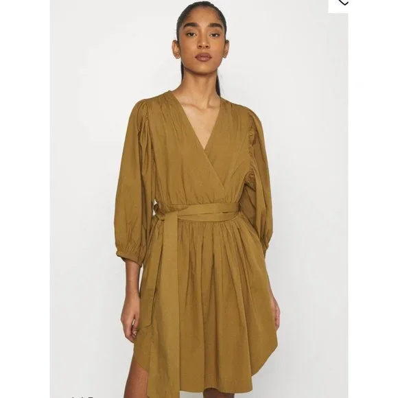 YAS Medium 10 Mustard Long Sleeve Dress RRP $129 Balloon Knee Length Ermi Cotton - Picture 11 of 12